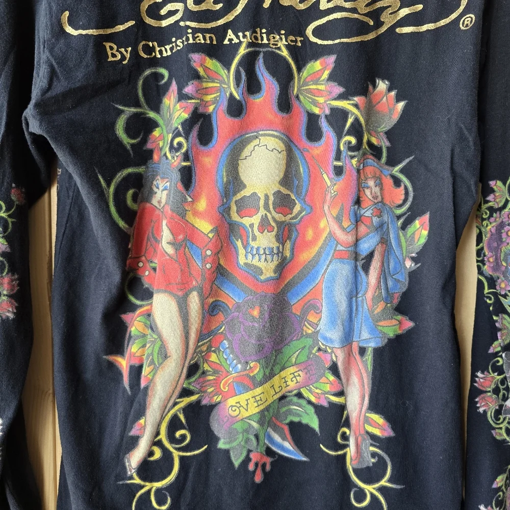 Christian Audigier Ed Hardy Long Sleeve Black Skull Floral Print Shirt Mens S - Picture 10 of 15